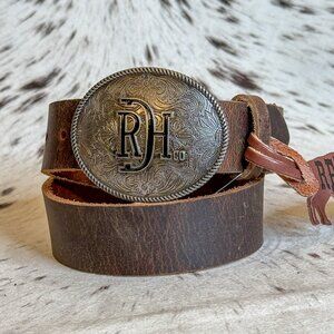 NEW Boys / Girls / Kids Brown Oiled Leather Western Belt + Buckle (Medium)